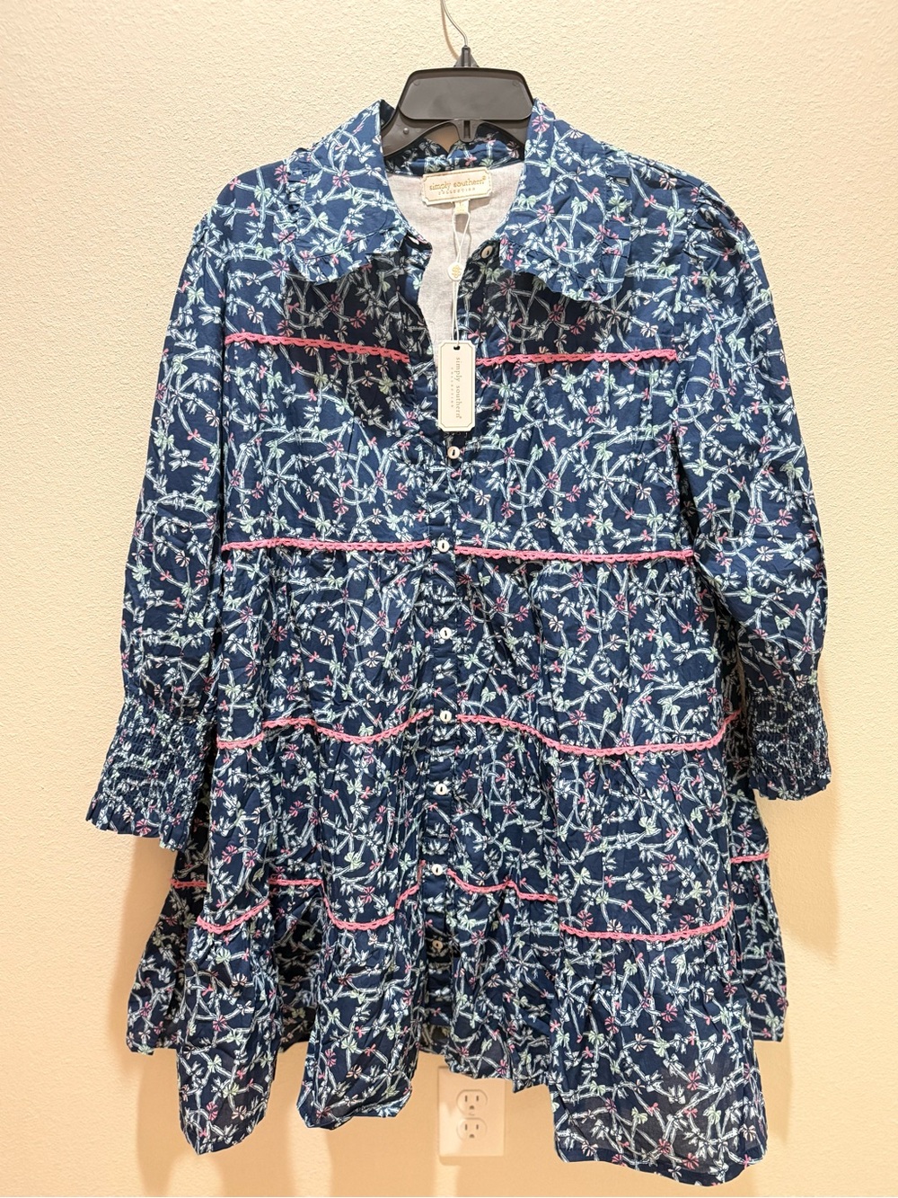 Simply Southern Navy Floral Button-Front Tiered Tunic with Pink Trim - Picture 1 of 3